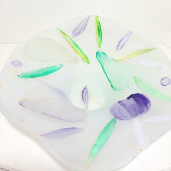Handpainted Satin Abstract Glass Art Consle Bowl with Green and Purple Accents - Picture 5 of 6